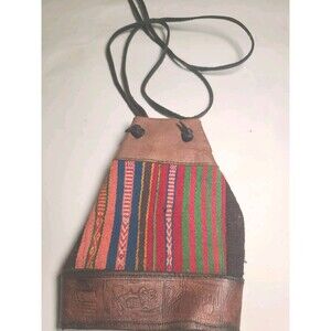 Vintage Handmade Boho Wool Wooven Leather Boho Hippie Pouch Purse Bucket